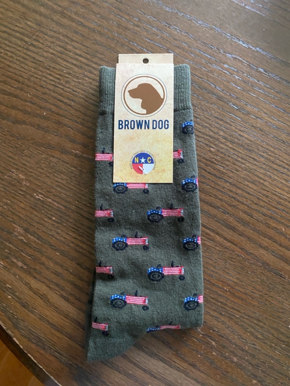 Olive Green Men’s Dress Socks with American Flag Tractor Accent